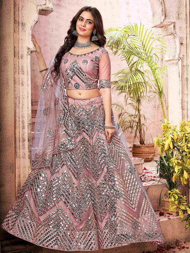 Gleaming Dusty Pink Net Paper Mirror Work Wedding Lehenga Choli
